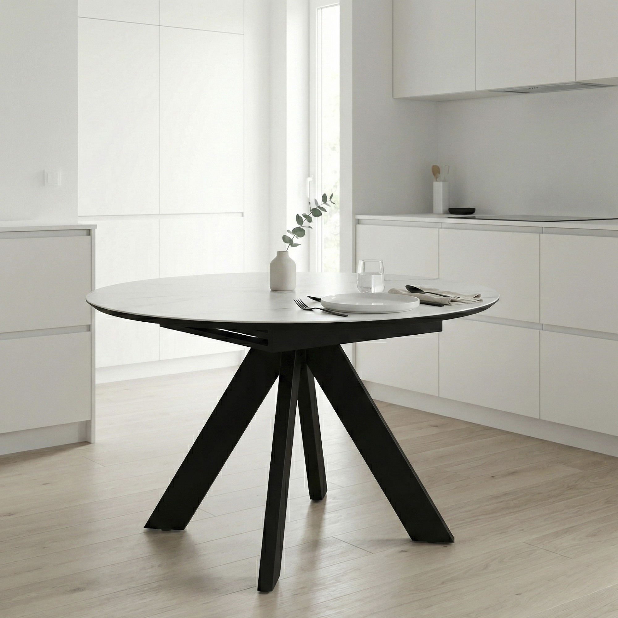 _0051_12. Стол DikLine SKC90 d900 Керамика Белый мрамор_подстолье черное_опоры черные