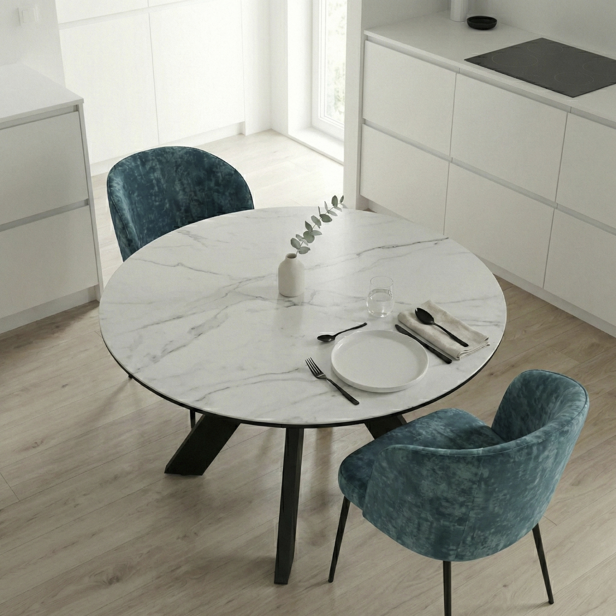 _0050_12. Стол DikLine SKC90 d900 Керамика Белый мрамор_подстолье черное_опоры черные (2)