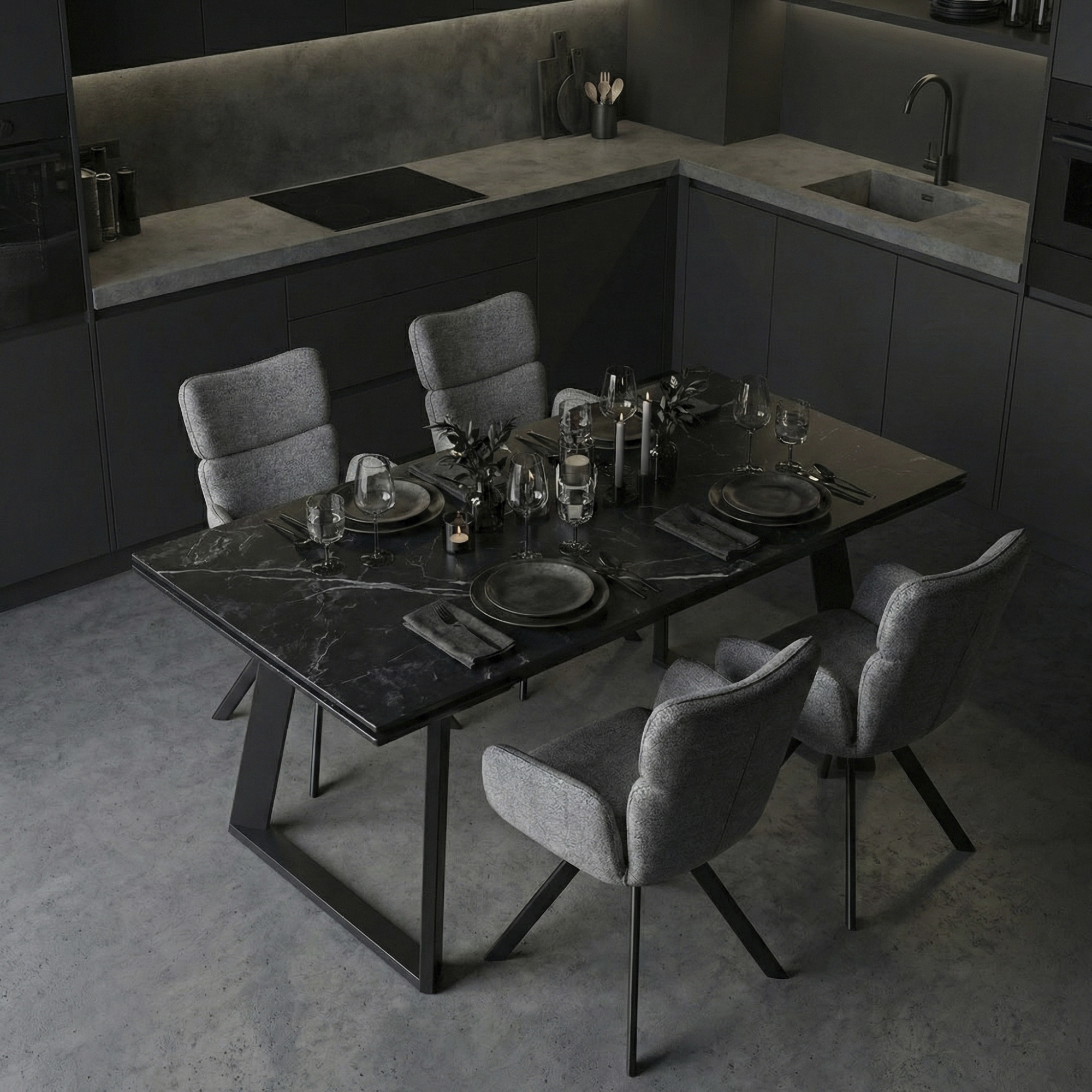 _0010_32. Стоун Стол обеденный Тип 1 (1400(2000)_850) (Черный муар_Керамика матовая черный мрамор) (2)