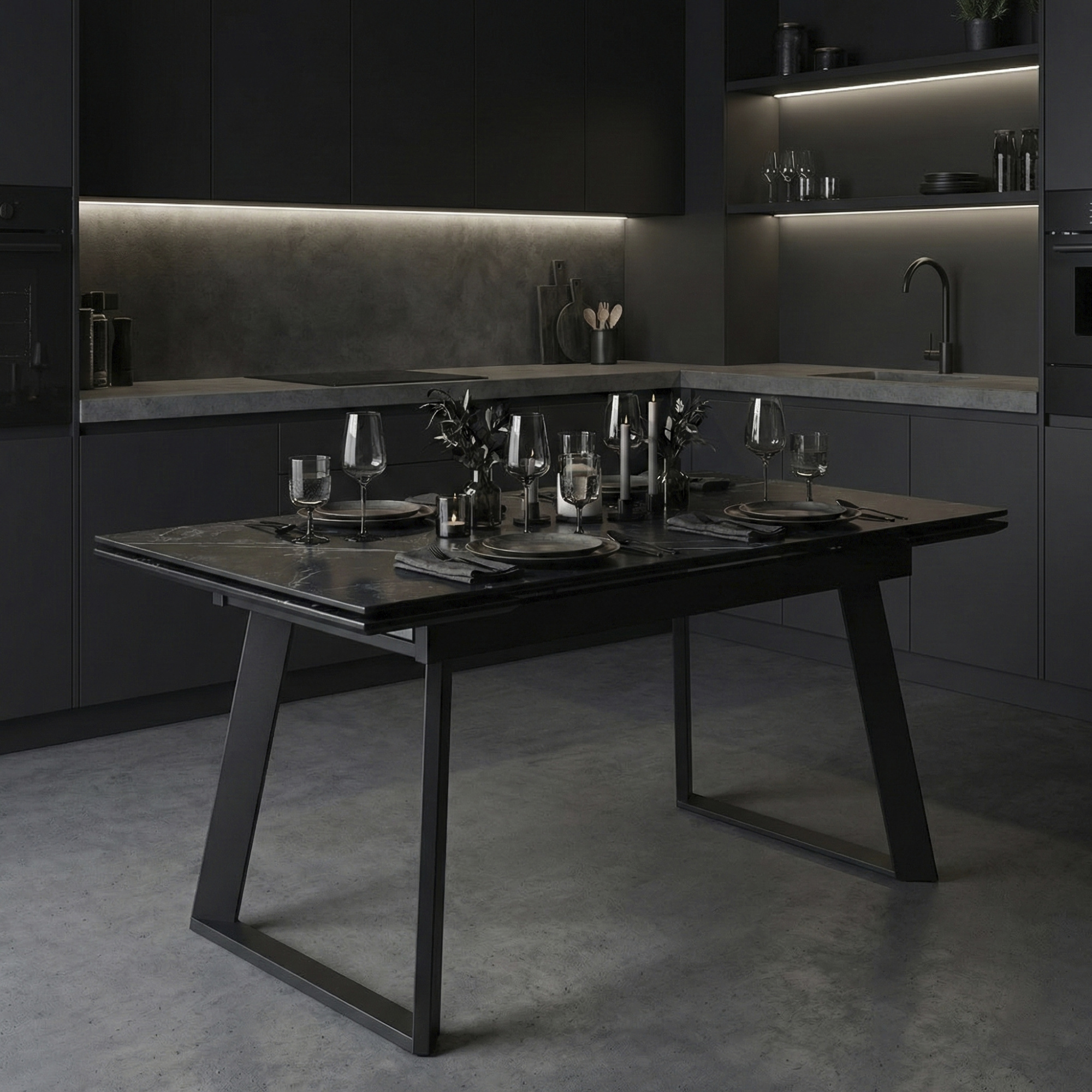 _0011_32. Стоун Стол обеденный Тип 1 (1400(2000)_850) (Черный муар_Керамика матовая черный мрамор)